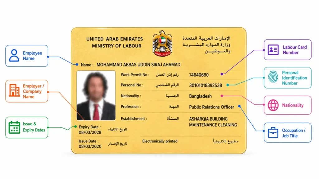 A labor card represents your details like your job title, nationality , indentification number, company name, expiry date and issue date